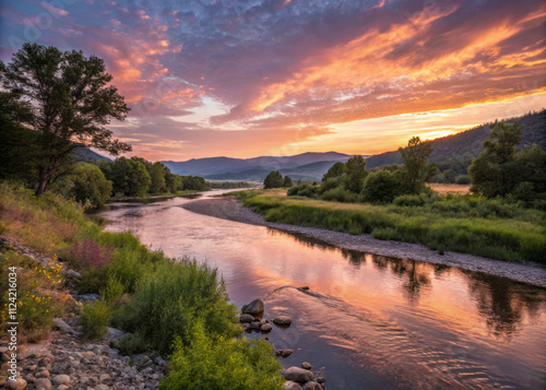 serene landscape unfolds beneath radiant sunrise, where tranquil river flows through lush greenery and rocky banks, creating picturesque scene