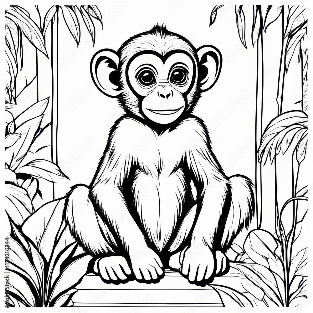 Fototapeta premium A delightful black-and-white line art illustration of a cute baby monkey sitting on a branch, surrounded by lush jungle leaves. Perfect for coloring, animal-themed designs, and children’s projects.