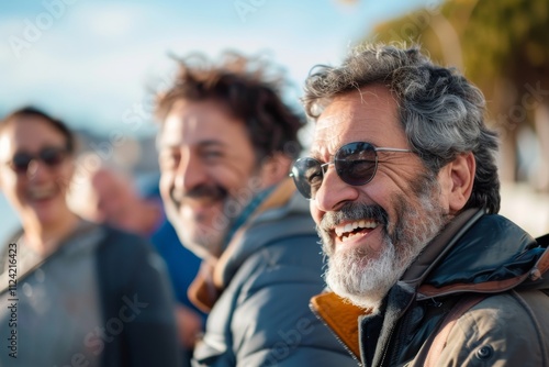 Portrait of senior man with his friends on the background of sea