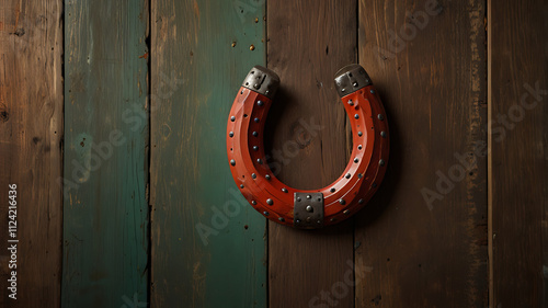 A vibrant wall-mounted horseshoe, with a rustic texture, representing protection and good fortune, isolated on a plain background. photo