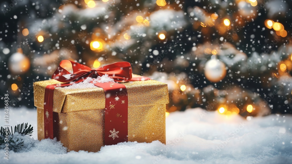 golden gift box with a red bow in the snow golden gift box with a red bow in the snow