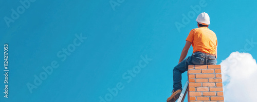 construction worker sits on brick wall, balancing carefully under clear blue sky. scene captures focus and determination of worker photo