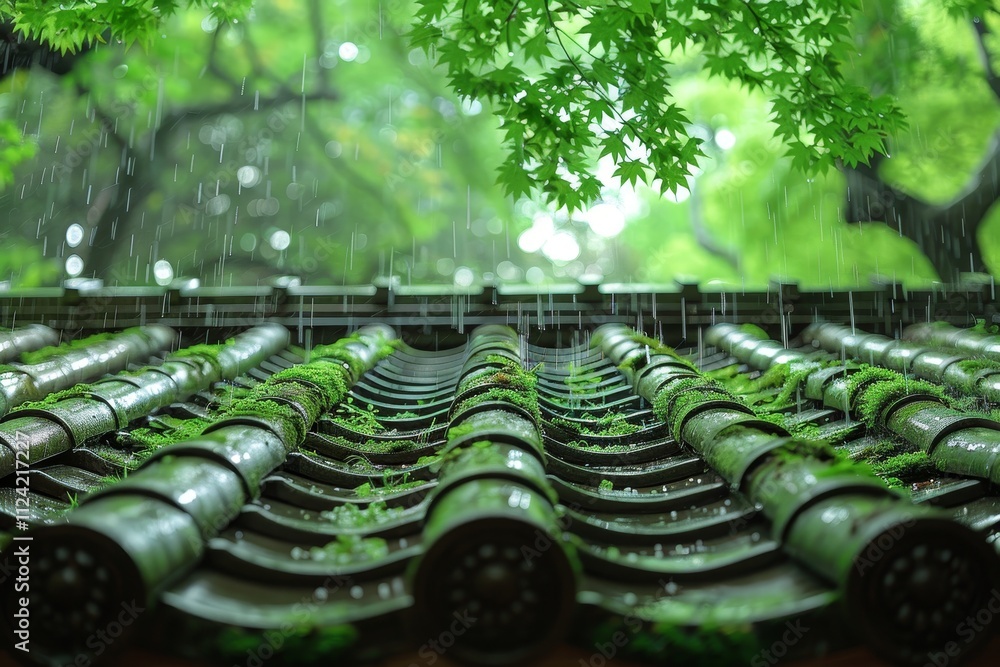 Obraz premium Charming traditional roof amidst vibrant, lush greenery and soft flowing rain in a tranquil setting