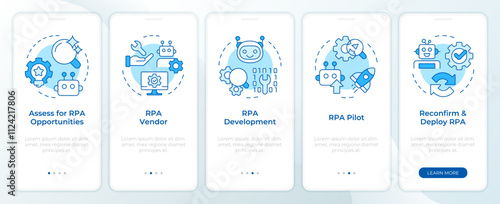 RPA implementation blue onboarding mobile app screen. Innovations walkthrough 5 steps editable graphic instructions with linear concepts. UI, UX, GUI template. Montserrat SemiBold, Regular fonts used