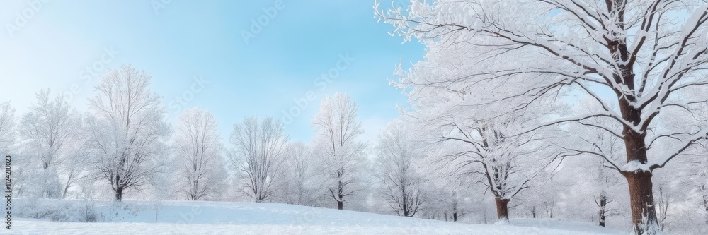 Winter landscape covered in a blanket of fresh white snow, with snow-capped trees and a clear blue sky, ice, chilly, calm Winter landscape covered in a blanket of fresh white snow, with snow-capped trees and a clear blue sky, ice, chilly, calm