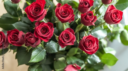 Overhead view of a bouquet of red roses.