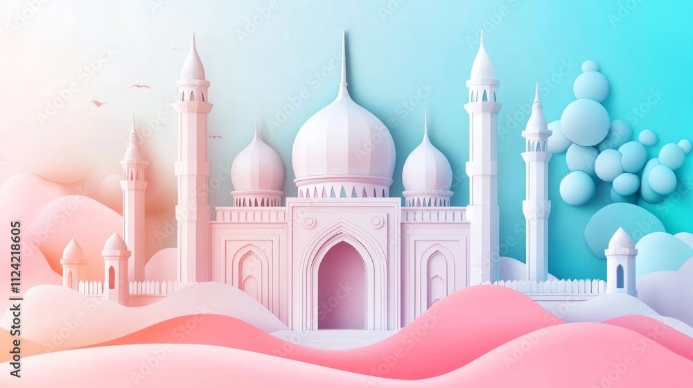 Fototapeta premium Paper art style mosque illustration with pastel colors and clouds.