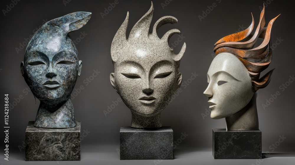 Obraz premium Three abstract female head sculptures, serene expressions, unique hairstyles, stone bases.