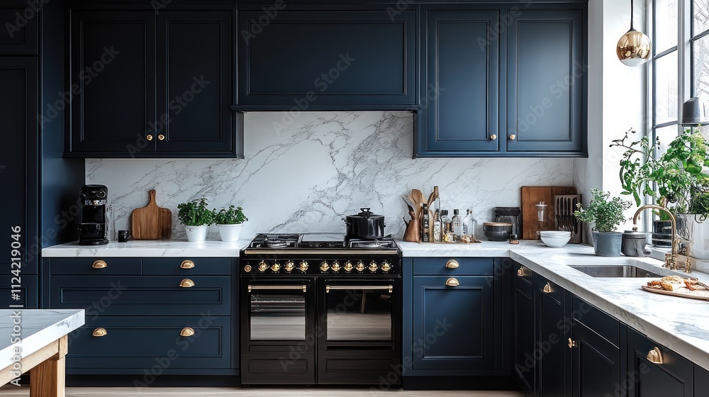 custom made wallpaper toronto digitalModern navy blue kitchen with marble backsplash and gold accents.