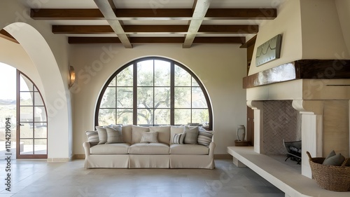 The mediterranean interior design of a modern living room with fireplace, sofa, and big arch window 