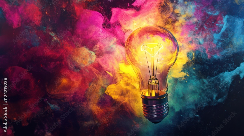 A glowing light bulb surrounded by colorful smoke A glowing light bulb surrounded by colorful smoke