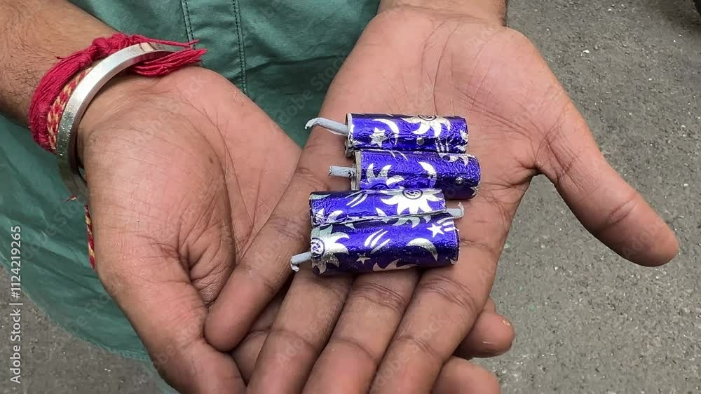 A man grips a firecracker, ready to ignite the night with festive brilliance. A man grips a firecracker, ready to ignite the night with festive brilliance.