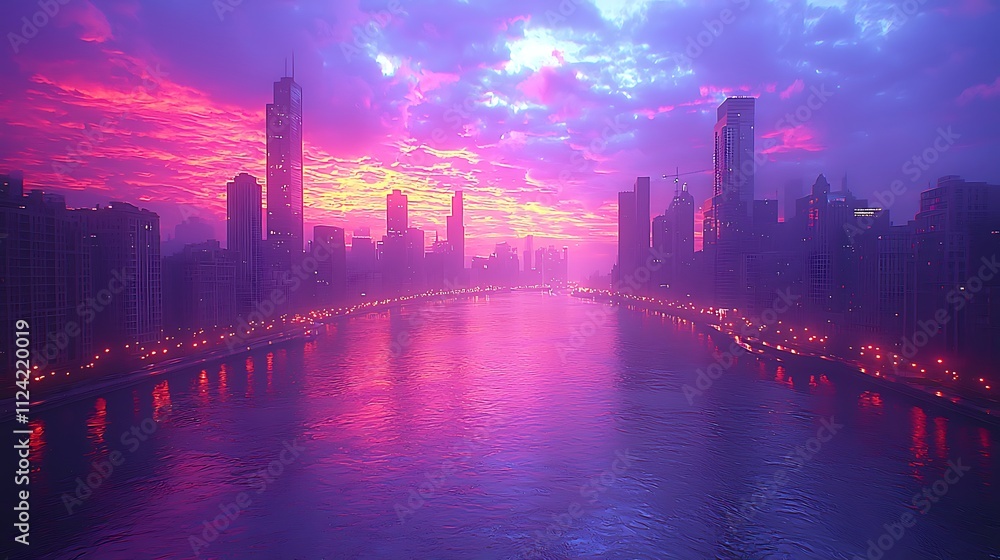 Cityscape Sunset: River Reflects Vibrant Sky, Buildings Gleam Cityscape Sunset: River Reflects Vibrant Sky, Buildings Gleam