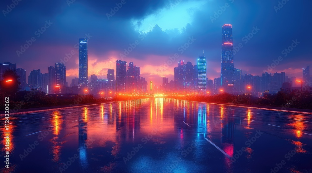 Vibrant city skyline reflected in calm water at dusk. Vibrant city skyline reflected in calm water at dusk.