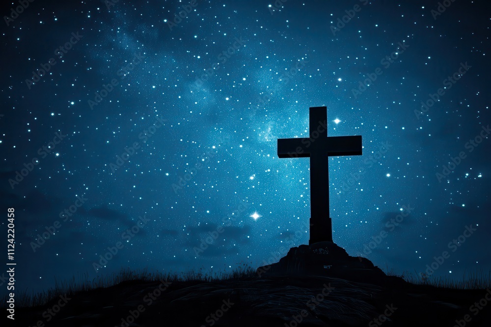 A cross outline symbolizing Christianity against a starry night representing themes of God paradise and faith A cross outline symbolizing Christianity against a starry night representing themes of God paradise and faith