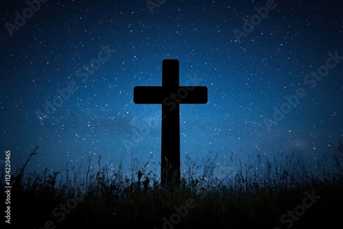 A cross outline symbolizing Christianity set against a starry night evoking themes of God paradise and faith