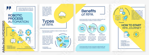 RPA blue and yellow brochure template. Implementation of bots in technological processes. Leaflet design with linear icons. Editable 4 vector layouts. Questrial, Lato-Regular fonts used