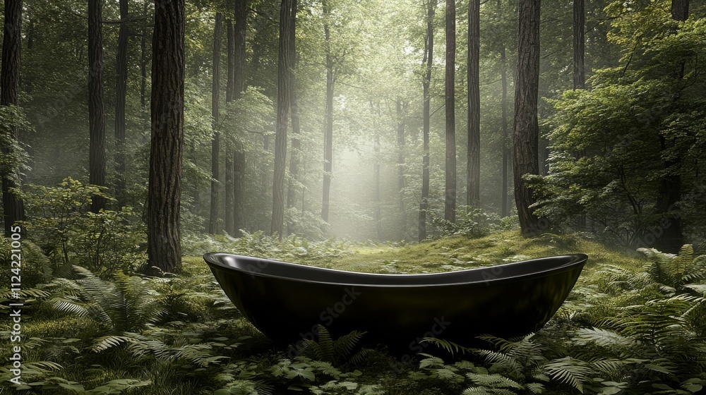 Black Bathtub in Misty Forest Surreal Nature Composition Black Bathtub in Misty Forest Surreal Nature Composition