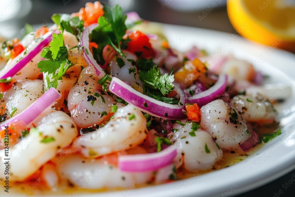 A mouthwatering image of genuine Peruvian ceviche featuring a variety of fresh seafood soaked in zesty citrus and topped with red onions cilantro and chili A mouthwatering image of genuine Peruvian ceviche featuring a variety of fresh seafood soaked in zesty citrus and topped with red onions cilantro and chili