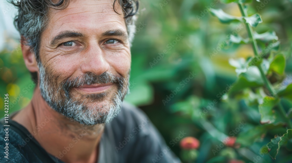 Smiling middle-aged man with gray beard surrounded by greenery and flowers. Smiling middle-aged man with gray beard surrounded by greenery and flowers.