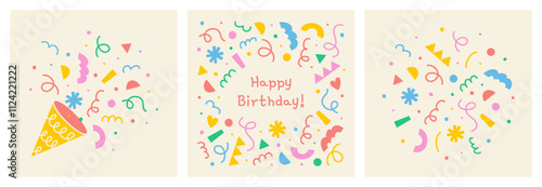 Set of cute happy birthday greeting cards with party popper, colorful geometric shapes frame, confetti explosion on light background, hand drawn illustration, flat style, drawing