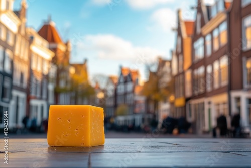 A yellow Edam cheese cube stands out against blurred traditional houses in Jan van Nieuwenhuizen Square a well known market in North Holland photo