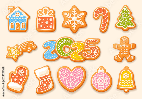 Set of cartoon gingerbread cookies with color icing for Christmas and New Year celebration. Homemade cute sweets in form of festive symbols and numbers 2025. Vector illustration