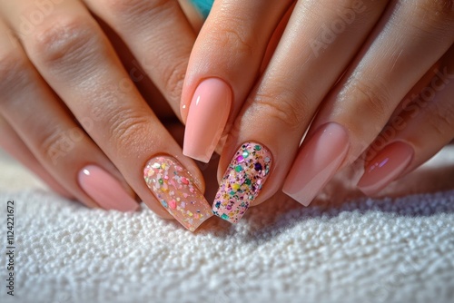 A young woman at a nail salon has her nails shaped by a manicurist using a file photo