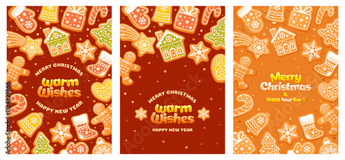 Merry Christmas and Happy New Year greeting cards templates set with gingerbread cookies with color icing. Homemade cute sweets in form of festive items and text with warm wishes. Vector illustration