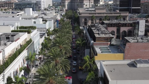 Aerial over Palm trees that line in the middle of the street of Rodeo Drive in Beverly Hills