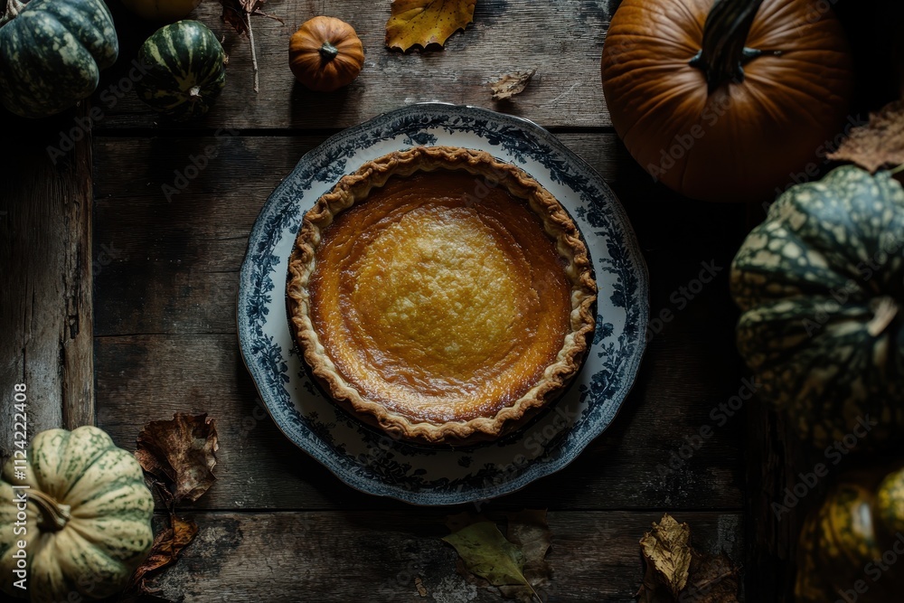 Aerial perspective of pumpkin pie on a plate with gourds Aerial perspective of pumpkin pie on a plate with gourds