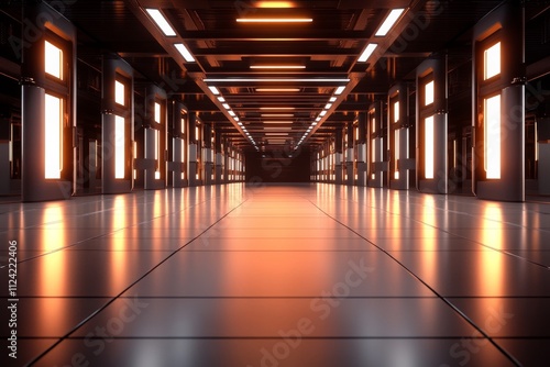 Futuristic corridor with glowing lights in a large  empty space at night