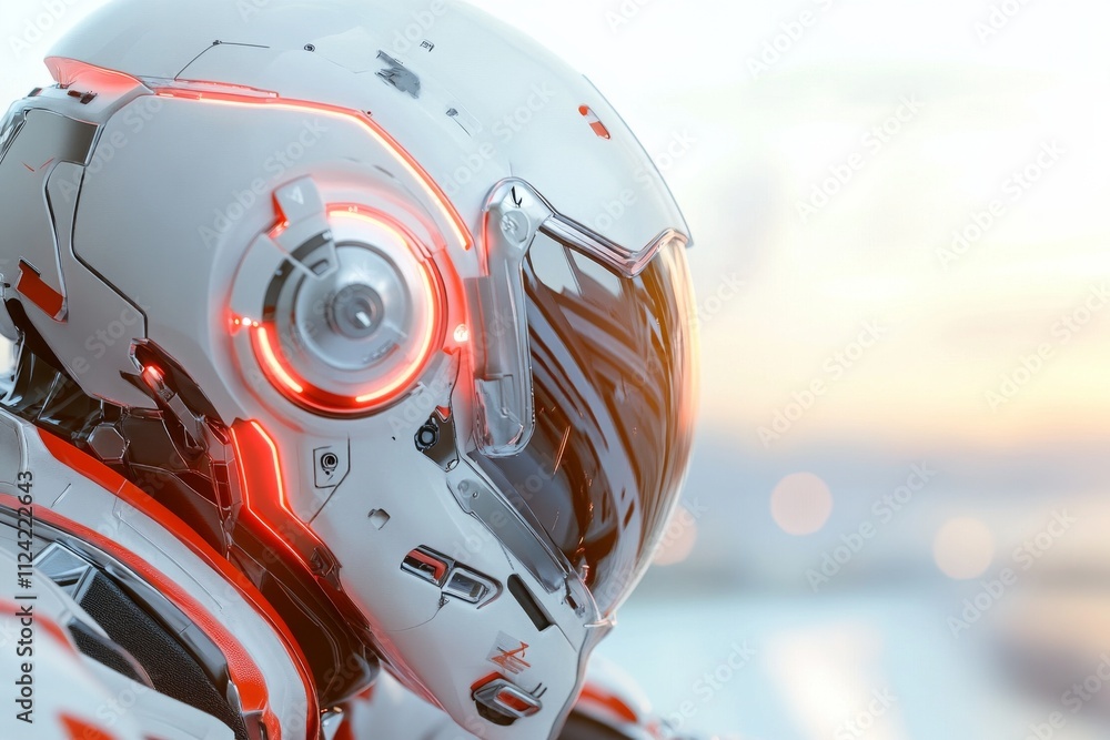 Futuristic robotic helmet design with glowing accents against a soft sunset backdrop