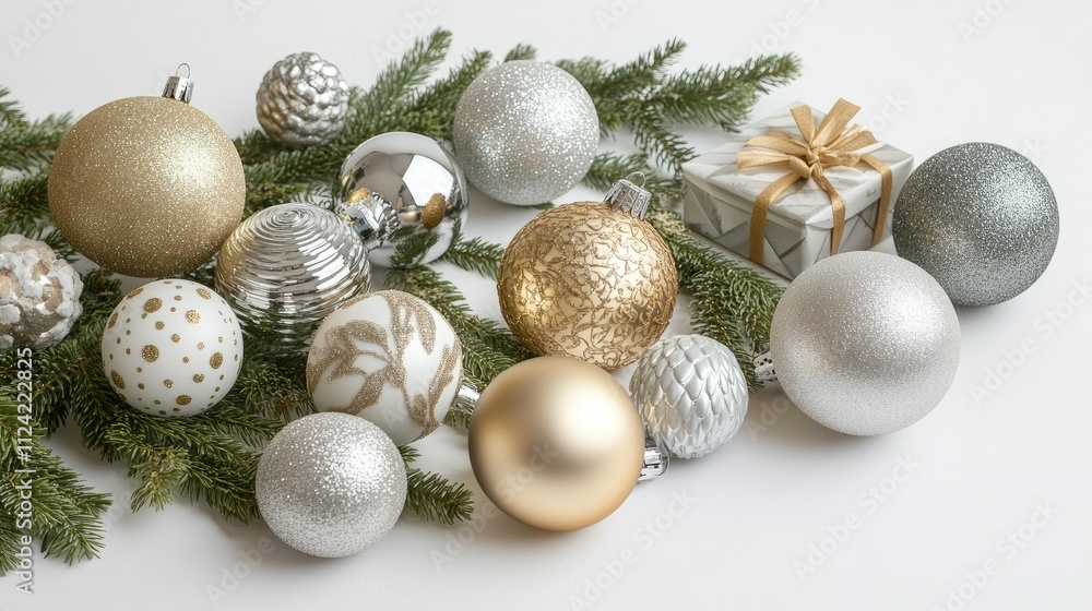 Elegant gold and silver baubles, mini gift boxes, and fir branches carefully placed on a clean white background for Christmas celebration Elegant gold and silver baubles, mini gift boxes, and fir branches carefully placed on a clean white background for Christmas celebration