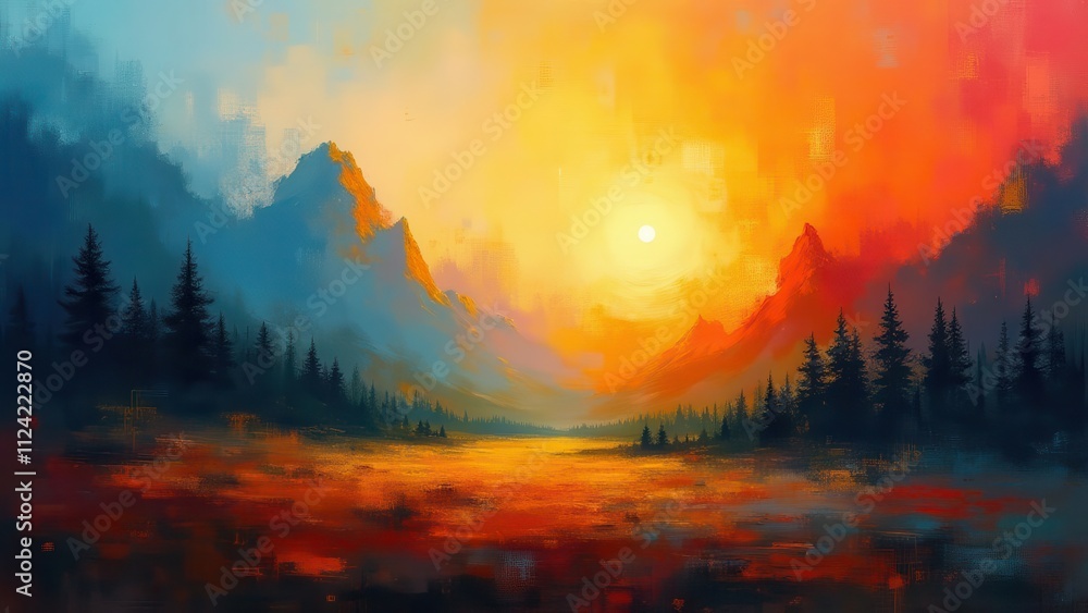 Fototapeta premium Pixelated noise overlays.Abstract pixelated landscape with a sunburst gradient, providing a serene, noise-free view. The digital rendering highlights nature-inspired patterns
