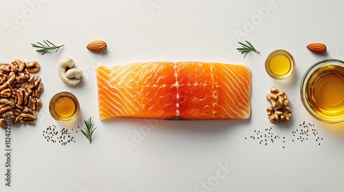4k Icons of healthy Omega 3 sources (fish, walnuts, flax seeds) in a clean layout