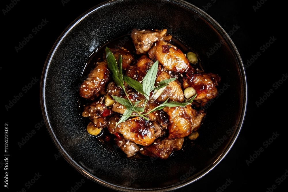 Aerial shot of tasty Gong Bao chicken on a black backdrop in a dining setting Aerial shot of tasty Gong Bao chicken on a black backdrop in a dining setting