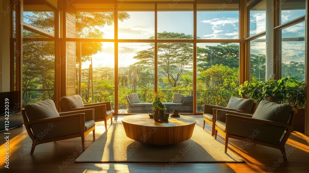 Elegant indoor space with wooden floors, modern furniture, and oversized windows showcasing a bright sky. Elegant indoor space with wooden floors, modern furniture, and oversized windows showcasing a bright sky.