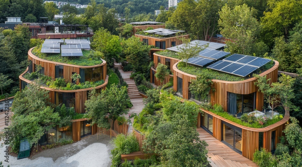 An aerial view of green roofs and solar panels on buildings in the city. An aerial view of green roofs and solar panels on buildings in the city.