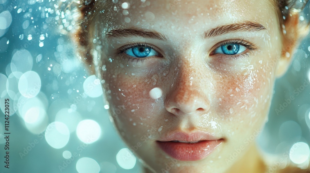 A serene portrait of a young woman with radiant skin, sparkling blue eyes, and shimmering water droplets surrounding her A serene portrait of a young woman with radiant skin, sparkling blue eyes, and shimmering water droplets surrounding her