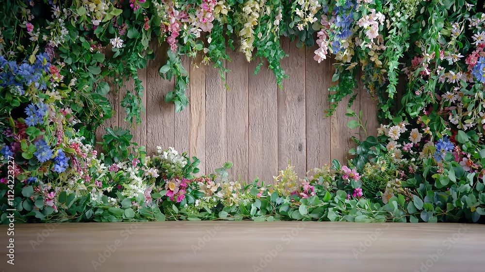 Close-up shot of a rustic wooden surface adorned with intricately woven wildflowers and greenery. The contrast between the rough texture of the wood and the soft petals creates a visually striking Close-up shot of a rustic wooden surface adorned with intricately woven wildflowers and greenery. The contrast between the rough texture of the wood and the soft petals creates a visually striking