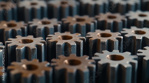 Close-up of interlocking metallic gears showcasing intricate machinery, highlighting precision and engineering excellence. photo