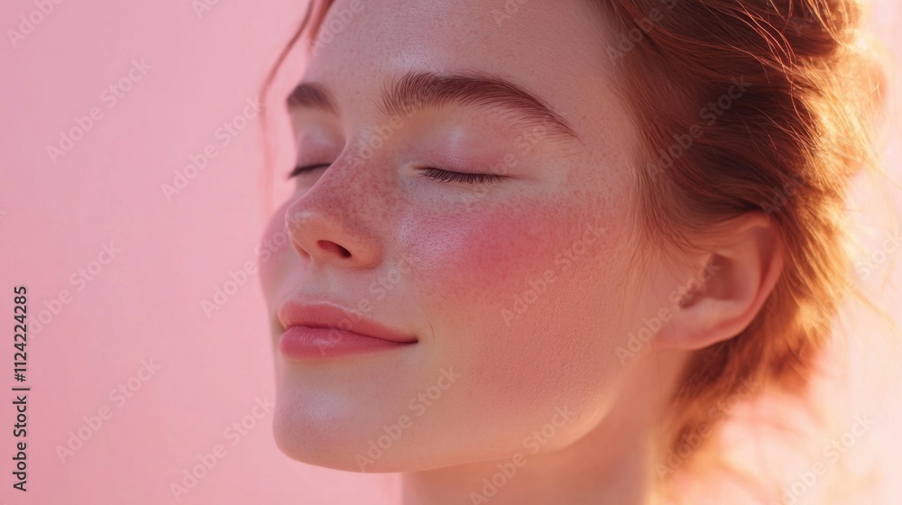 A tranquil close-up of a young woman with radiant skin and closed eyes, glowing on a pastel pink background for skincare themes A tranquil close-up of a young woman with radiant skin and closed eyes, glowing on a pastel pink background for skincare themes