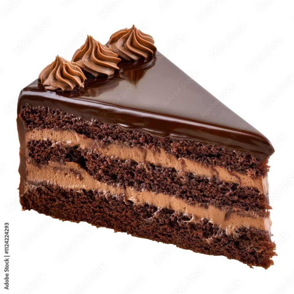 Decadent Chocolate Cake Slice with Chocolate Ganache and Cream Filling, Isolated on White Background Cutout Decadent Chocolate Cake Slice with Chocolate Ganache and Cream Filling, Isolated on White Background Cutout