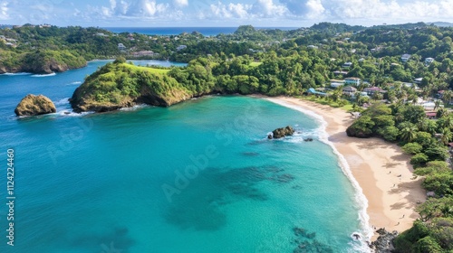 Aerial View Secluded Tropical Cove, Turquoise Waters, Sandy Beach