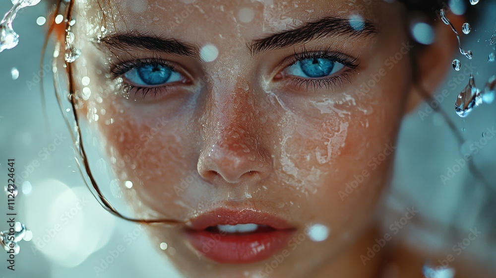 A vibrant close-up of a woman with sparkling blue eyes and glowing skin, surrounded by dewy water droplets on a soft background A vibrant close-up of a woman with sparkling blue eyes and glowing skin, surrounded by dewy water droplets on a soft background