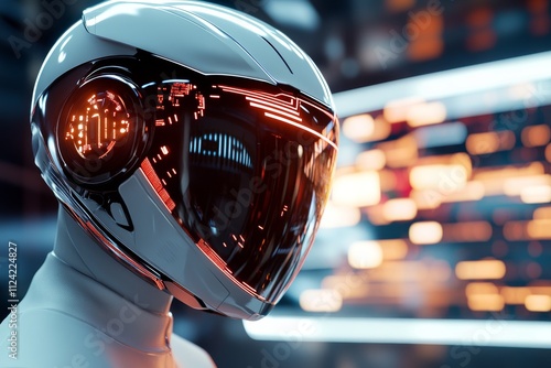 Futuristic helmet design with glowing accents showcased in a high-tech environment photo