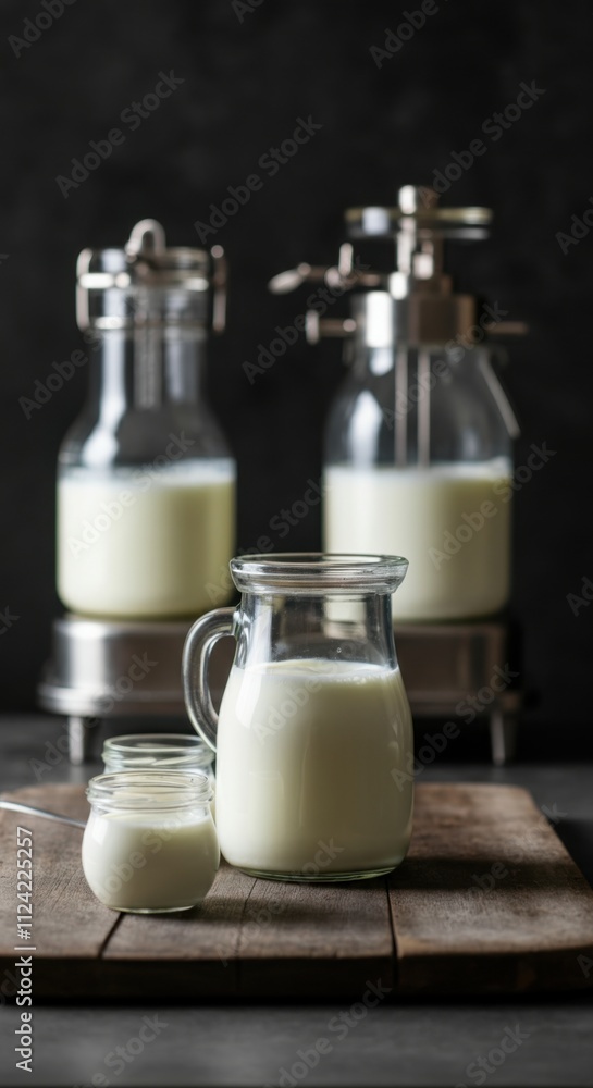 Fresh milk in glass jars and bottles on wooden table against dark background Fresh milk in glass jars and bottles on wooden table against dark background