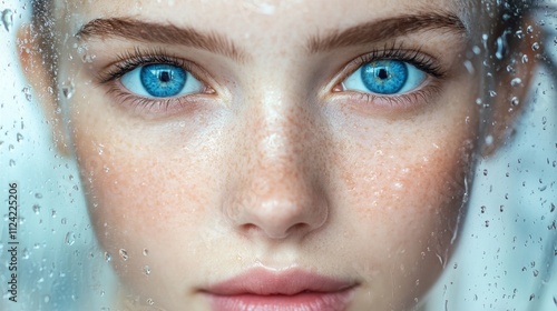 A young woman with radiant skin and clear blue eyes framed by water droplets, evoking themes of purity and freshness