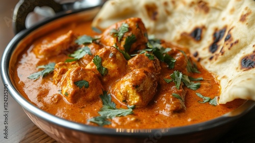 Succulent pieces of chicken simmered in a creamy tomato sauce, infused with spices and served with fluffy naan bread. Arranged in a vibrant dish, showcasing the richness of Indian cuisine.